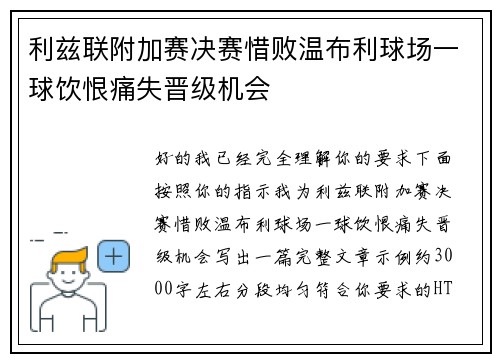 利兹联附加赛决赛惜败温布利球场一球饮恨痛失晋级机会